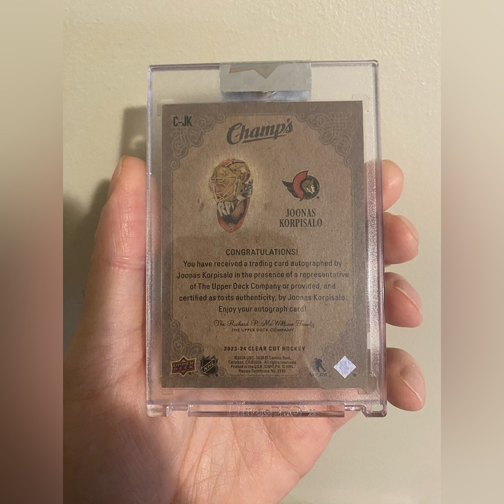 2023–24 Upper Deck Clear Cut “Champs” Autograph Joonas Korpisalo Ottawa Senators - Picture 2 of 2